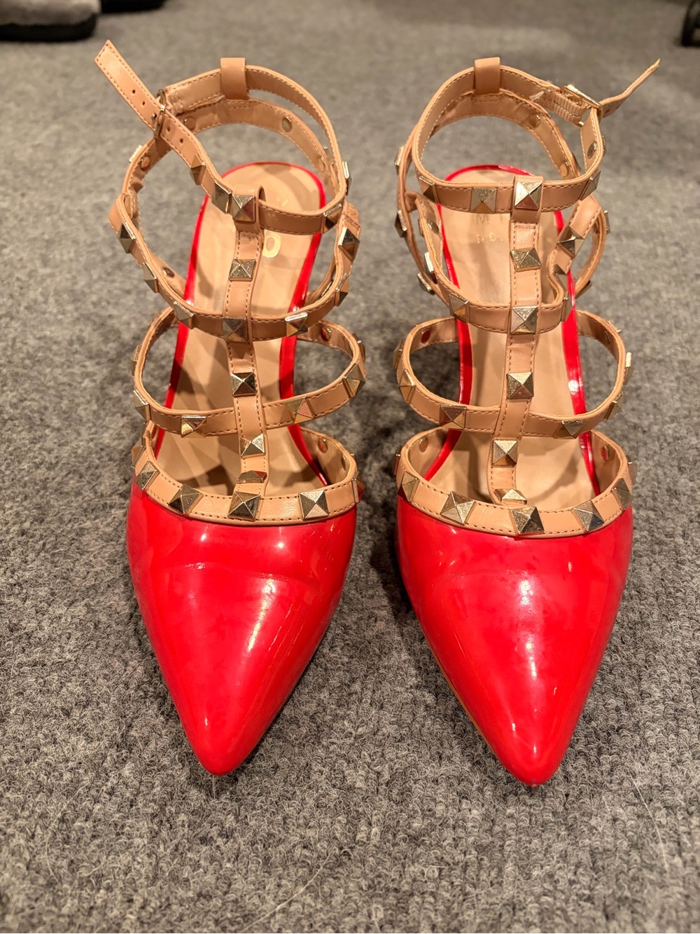 Mix No. 6 Red Patent Pointed-Toe Strappy Studded Pumps